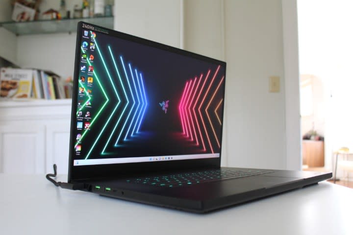 Razer Blade 17 angled view showing display and left side.