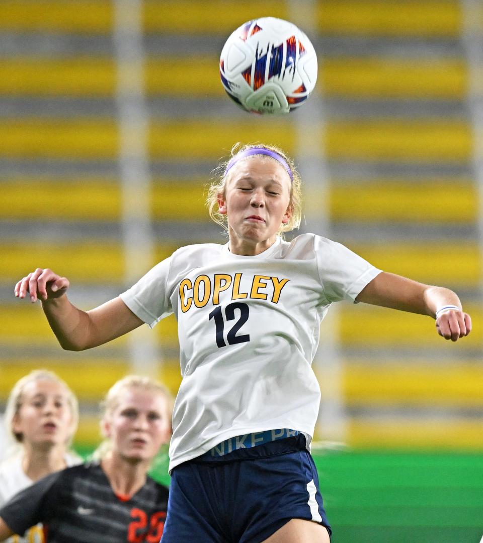 Copley midfielder Emily Kerekes heads the ball during the first half of the OHSAA Division II girls state soccer championship game at Lower.com Field, Friday, Nov. 11, 2022, in Columbus, Ohio.
(Photo: Jeff Lange, Akron Beacon Journal)