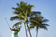 Hideki Matsuyama, of Japan, plays his shot from the 17th tee during the second round of the Sony Open golf tournament, Friday, Jan. 13, 2023, at Waialae Country Club in Honolulu. (AP Photo/Matt York)