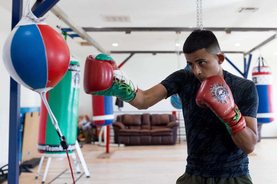 Up-and-coming 122-pounder boxer Ariel Moreno  trains for upcoming fights at Pound 4 Pound Gym in East El Paso on Tuesday, April 18, 2023.