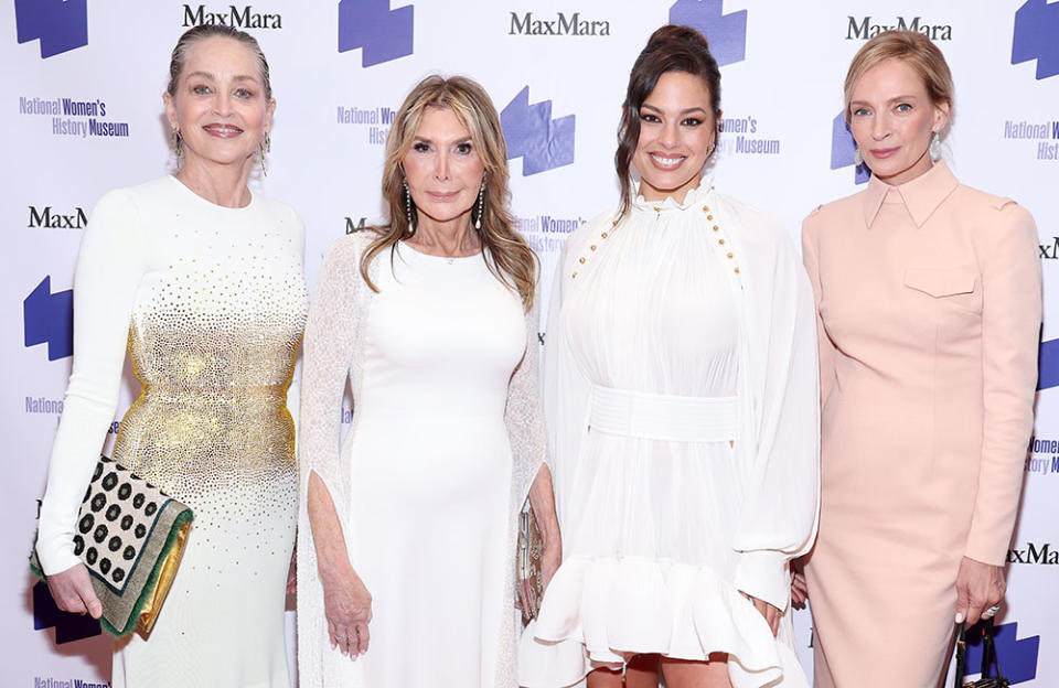 (L-R) Sharon Stone, Cheri Kaufman, Ashley Graham and Uma Thurman attend the National Women's History Museum's signature Women Making History Awards Gala at The Schuyler at the Hamilton Hotel on March 31, 2023 in Washington, DC.