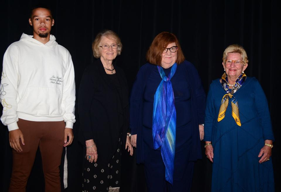 Alliance High School held its 2023 Distinguished Alumni Induction Ceremony on Monday, Oct. 2, 2023, in the high school auditorium. Accepting the honors were, from left, Jayce Crockett, accepting for Lionel "Dowdy" Grimes; Nancy Carlson, accepting for Joyce Harmon Crain; Valerie Vanaman; and Sarah Brown.