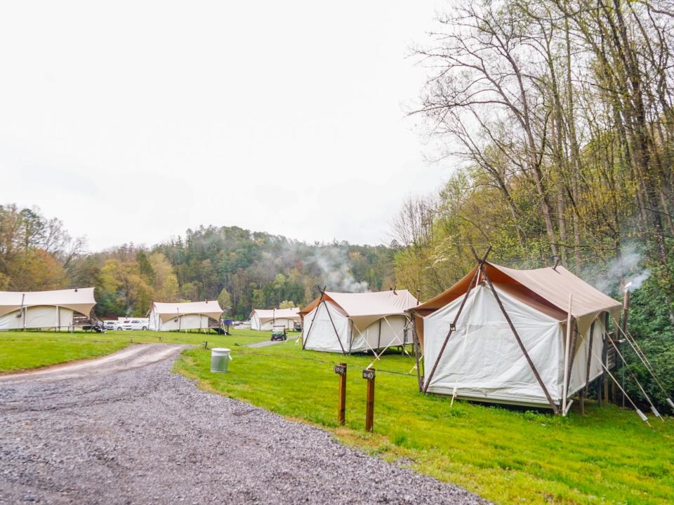 A gravel path divides a grassy campsite with 2-4 tents on either side and a forest in the background