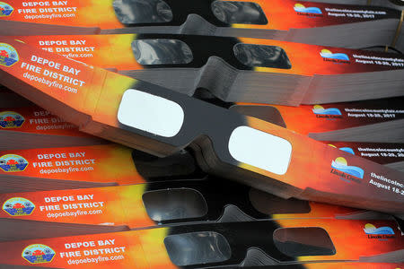 Solar eclipse glasses that will be handed out by the community are pictured in Depoe Bay, Oregon, U.S., August 8, 2017. REUTERS/Jane Ross