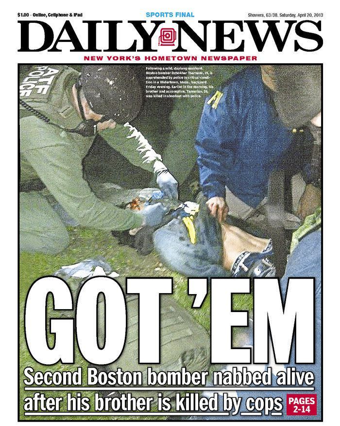 Newspaper covers of Boston bombing suspect's arrest