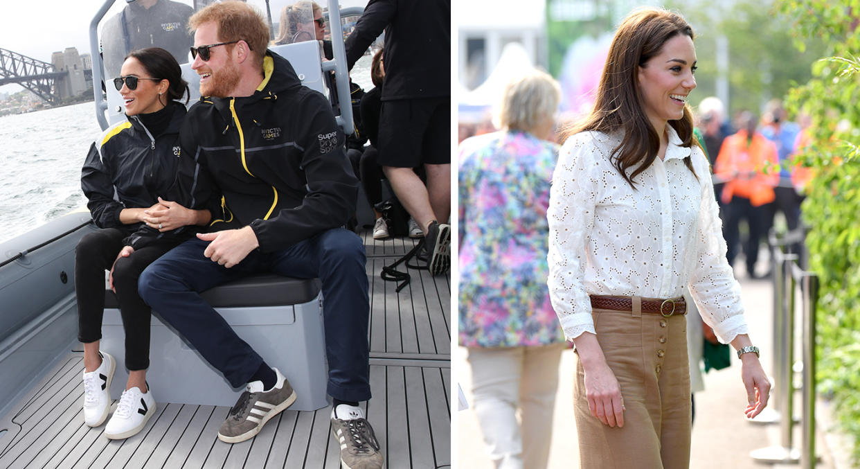 Meghan Markle wears Veja white trainers, while Kate Middleton wears Superga trainers.