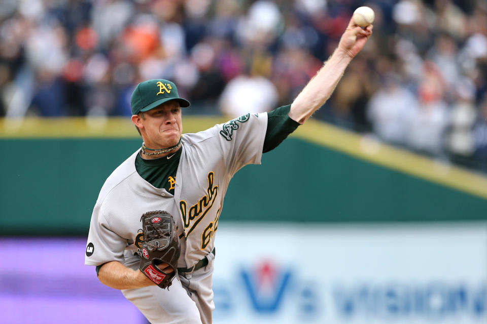 Sean Doolittle #62 of the Oakland Athletics throws a pitch against the Detroit Tigers during Game Two of the American League Division Series at Comerica Park on October 7, 2012 in Detroit, Michigan. (Photo by Leon Halip/Getty Images)
