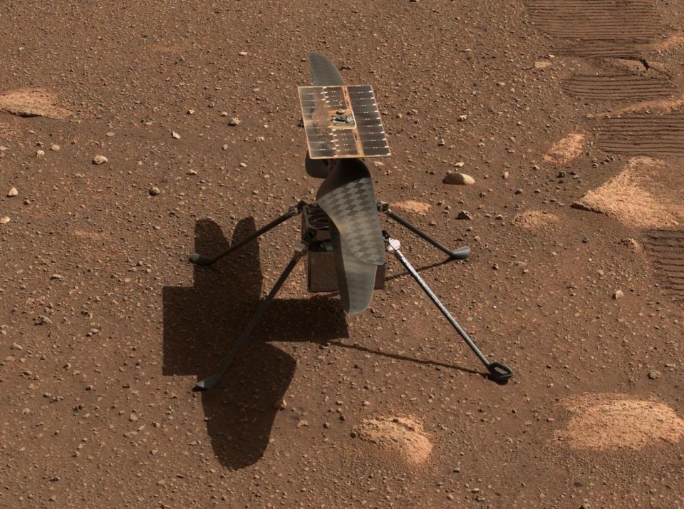 Der Ingenuity-Hubschrauber der Nasa auf dem Mars, in einer Nahaufnahme der Kameras des Perseverance-Rovers. - Copyright: NASA/JPL-Caltech/ASU