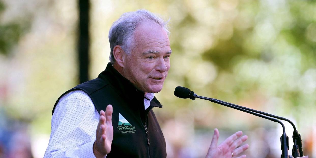 Democratic Sen. Tim Kaine of Virginia campaigns for gubernatorial candidate Terry McAuliffe at a rally in Richmond, VA on October 23, 2021. (Photo by