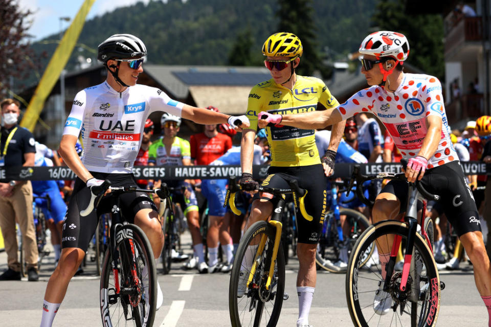 LES GETS LES PORTES DU SOLEIL FRANCE  JULY 16 LR Tadej Pogacar of Slovenia and UAE Team Emirates  White Best Young Rider Jersey Jonas Vingegaard of Denmark and Team JumboVisma  Yellow Leader Jersey and Neilson Powless of The United States and Team EF EducationEasyPost  Polka Dot Mountain Jersey prior to the stage fifteen of the 110th Tour de France 2023 a 179km stage from Les Gets les Portes du Soleil to SaintGervais MontBlanc 1379m  UCIWT  on July 16 2023 in Les Gets les Portes du Soleil France Photo by Michael SteeleGetty Images