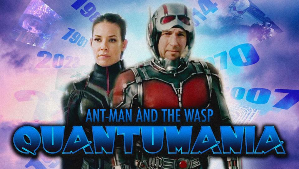 Scott Land and Hop Van Dyne in their Ant-Man and Wasp costume against an '80's style TV banner featuring Quantum Leap graphics