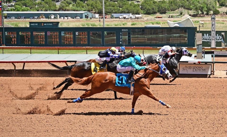 Jockey Oscar Andrade, Jr. (No. 9 horse) will ride Aristides in Saturday's 400-yard Ruidoso Derby at Ruidoso Downs Race Track and Casino.