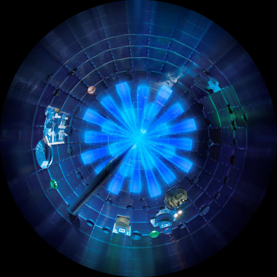 A rendering of 192 laser beams as they reach the center of the target chamber at the Lawrence Livermore National Laboratory in Livermore, Calif. 