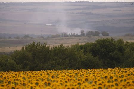 Smoke rises above the site of a Malaysia Airlines Boeing 777 plane crash near the settlement of Grabovo in the Donetsk region, July 17, 2014. REUTERS/Maxim Zmeyev