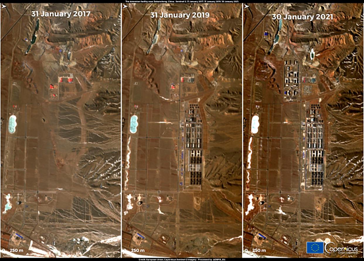 <p>A combination of satellite images released on 1 February by Copernicus, the European Union's Earth observation program, shows detention facility near Dabancheng, Xinjiang region, China. Satellite imagery shows that some of the camps have closed and others have been expanded or converted into prisons, analysts say. </p> (AP)