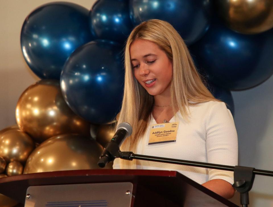 Addilyn Goodno of La Quinta High School speaks during a Greater Coachella Valley Student of the Year event at The Classic Club in Palm Desert on April 30, 2024.
