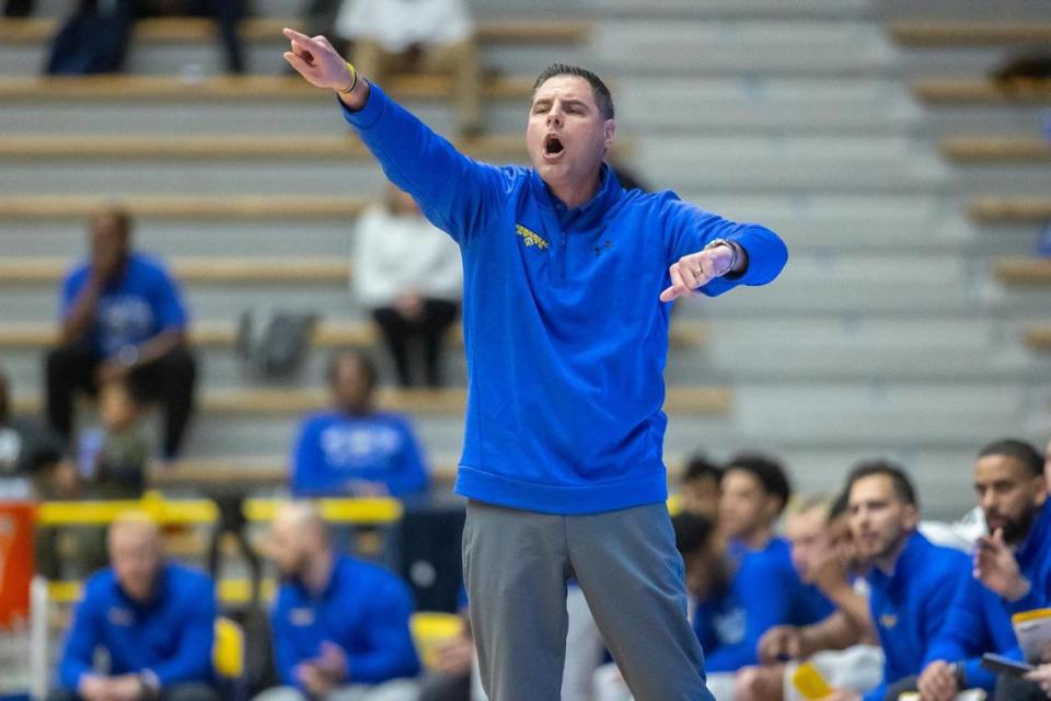 Morehead State coach Preston Spradlin talks to his players during a game against Southeast Missouri State on Feb. 29. Since the 2020-21 season, no NCAA Division I men’s basketball program in the commonwealth has won more games than Morehead State.