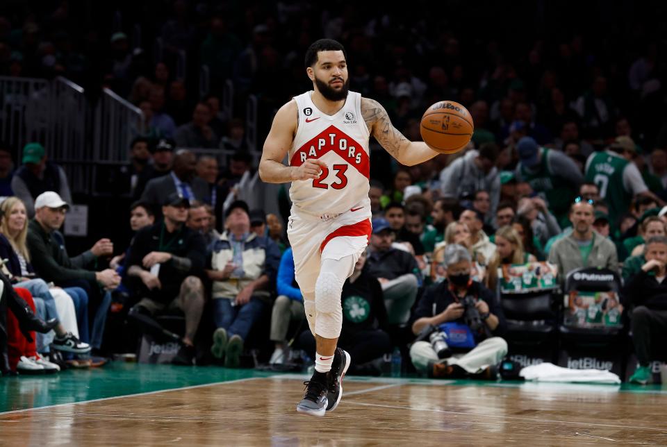 Toronto Raptors guard Fred VanVleet brings the ball up the court against the Boston Celtics at TD Garden in April 2023.