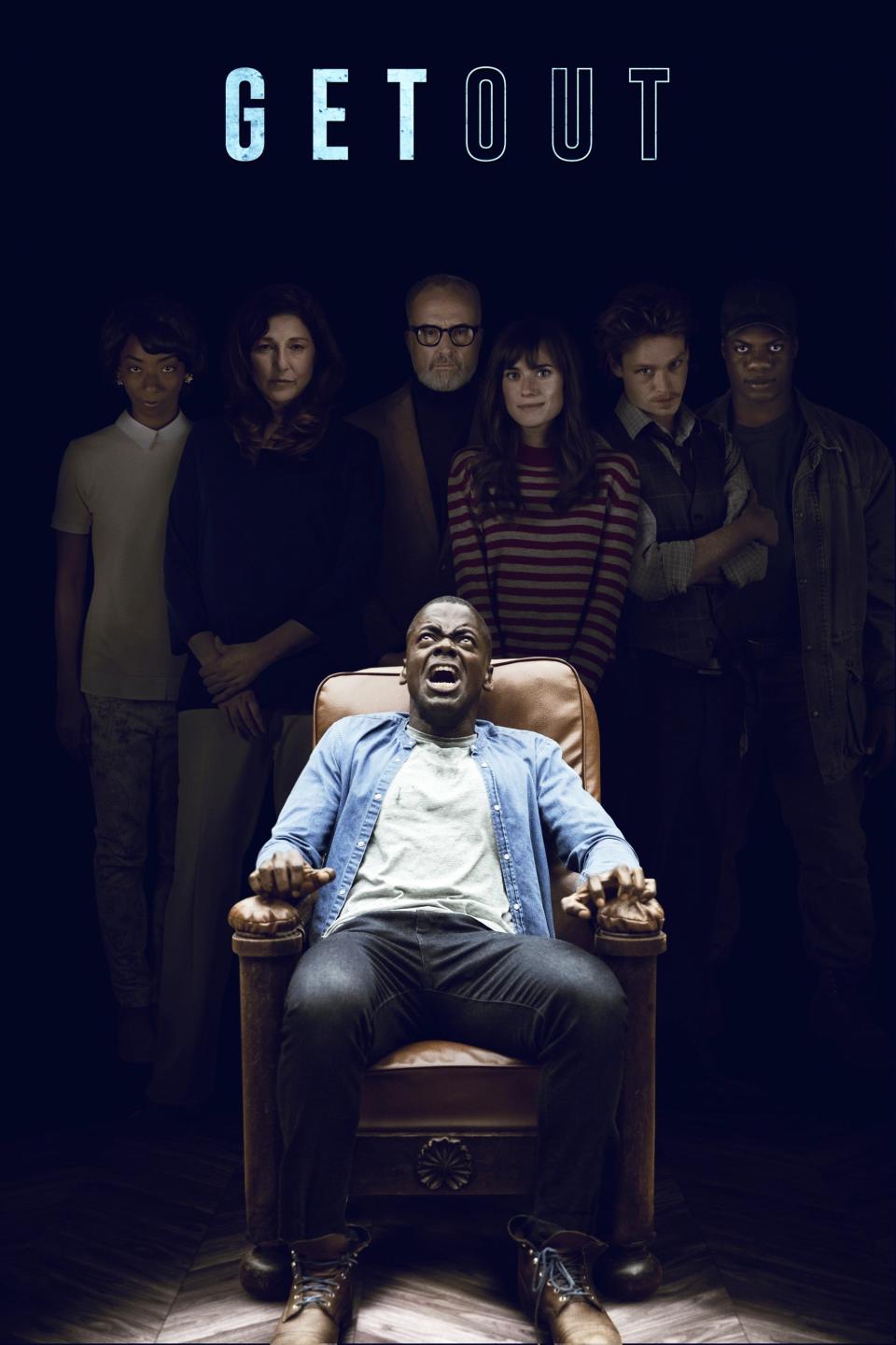 GET OUT, poster, Daniel Kaluuya (front), back, from left: Betty Gabriel, Catherine Keener, Bradley Whitford, Allison Williams, Caleb Landry Jones, Marcus Henderson, 2017. © Universal Pictures /Courtesy Everett Collection