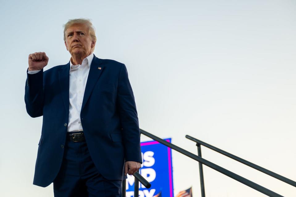 Former President Donald Trump after speaking during a rally at the Waco Regional Airport on March 25, 2023, in Waco, Texas. <a href="https://www.gettyimages.com/detail/news-photo/former-u-s-president-donald-trump-prepares-to-depart-after-news-photo/1476375191?adppopup=true" rel="nofollow noopener" target="_blank" data-ylk="slk:Brandon Bell/Getty Images;elm:context_link;itc:0;sec:content-canvas" class="link ">Brandon Bell/Getty Images</a>