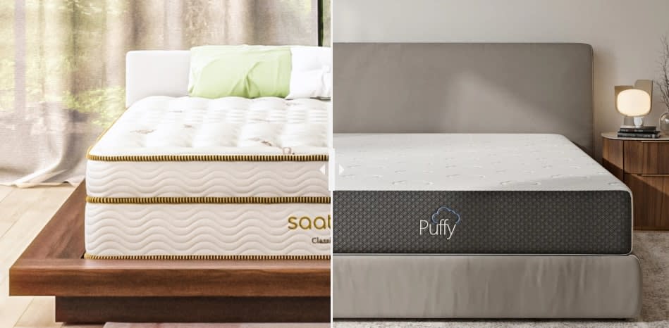  Saatva and Puffy mattress comparison sees Saatva mattress on the left and the Puffy mattress on the right. 