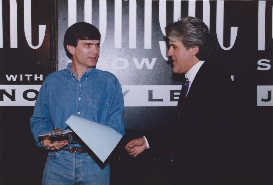 <div class="inline-image__caption"><p>Joe Toplyn (left) discusses a comedy piece backstage with a former comedian (right) in 1995. </p></div> <div class="inline-image__credit">Joe Toplyn</div>