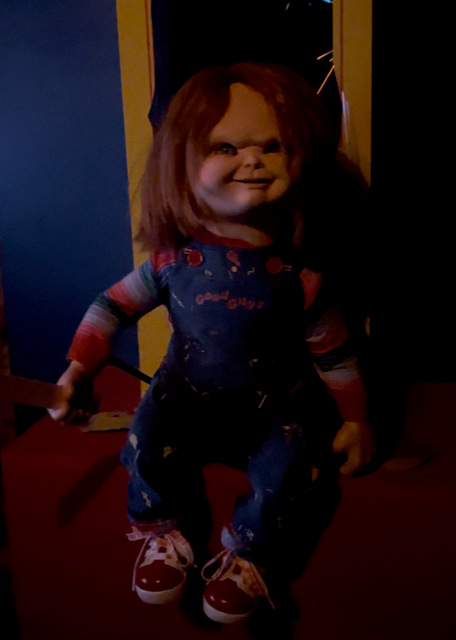 Chucky greets guests at his haunted house, Chucky: Ultimate Kill Count, at Universal Orlando.