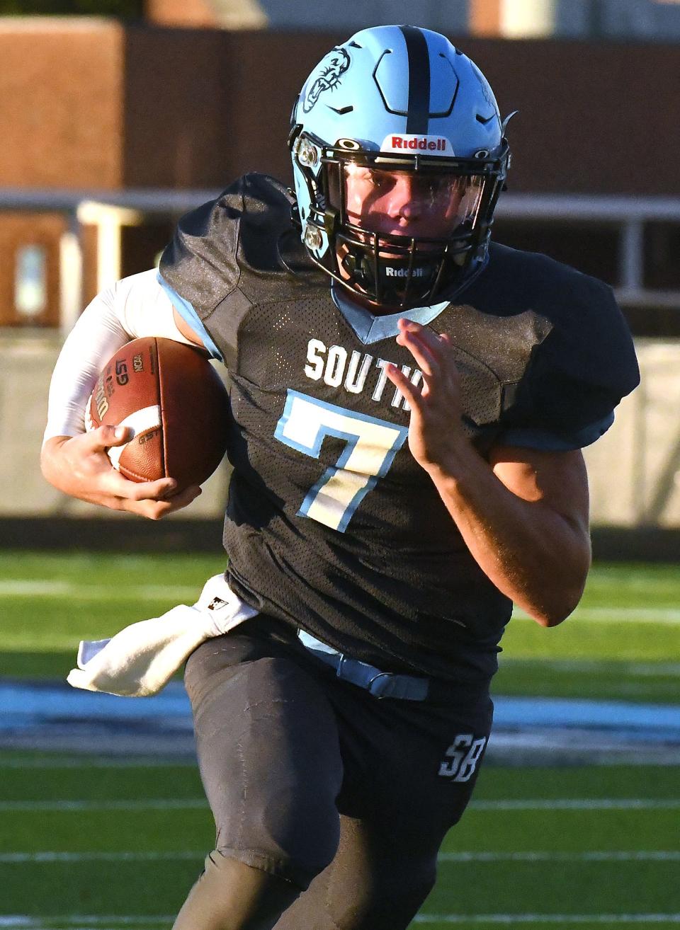 South Brunswick’s #7 QB Jameson Prince, takes the ball in for a touchdown as South Brunswick played West Bladen Friday Sept. 2, 2022 in Southport, N.C. South Brunswick beat West Bladen 62-0. KEN BLEVINS/STARNEWS