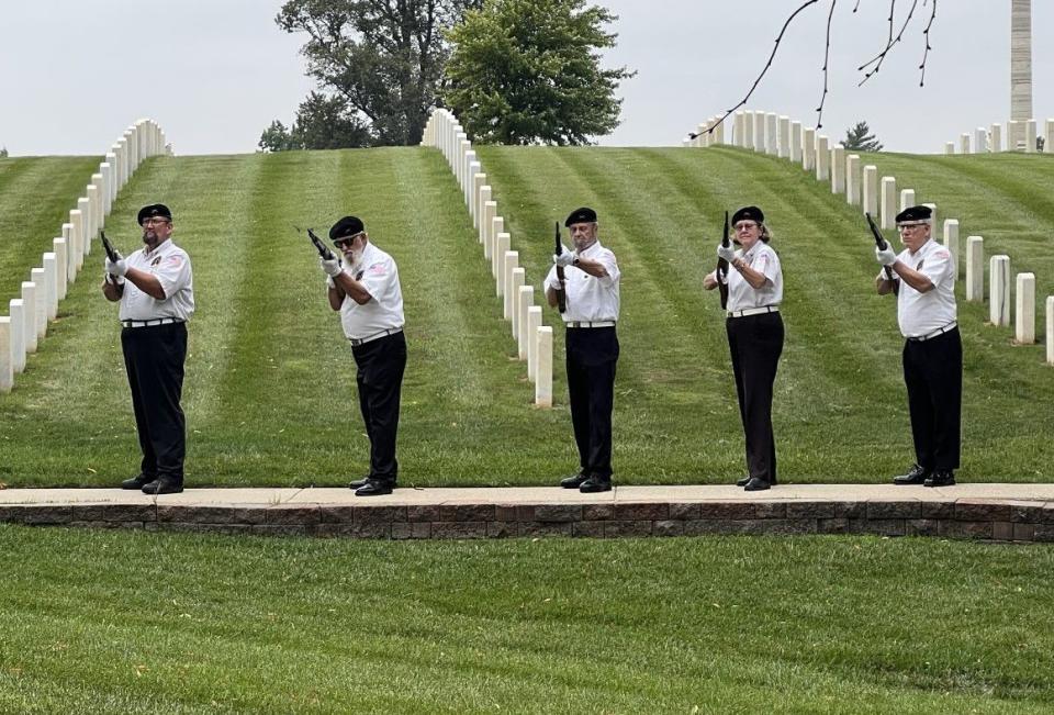 Dozens of people attended the funeral of local Marine veteran James Brooks at the Dayton National Cemetery Thursday. Brooks died at the Dayton VA recently, but had no known family members. (Xavier Hershovitz/Staff)