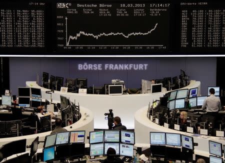 Traders work at their desks in front of the DAX board at the Frankfurt stock exchange March 18, 2013. REUTERS/Remote/Janine Eggert