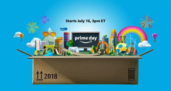 An Amazon box with a variety of animated objects, announcing "Prime Day, starts July 16, 3 pm ET"