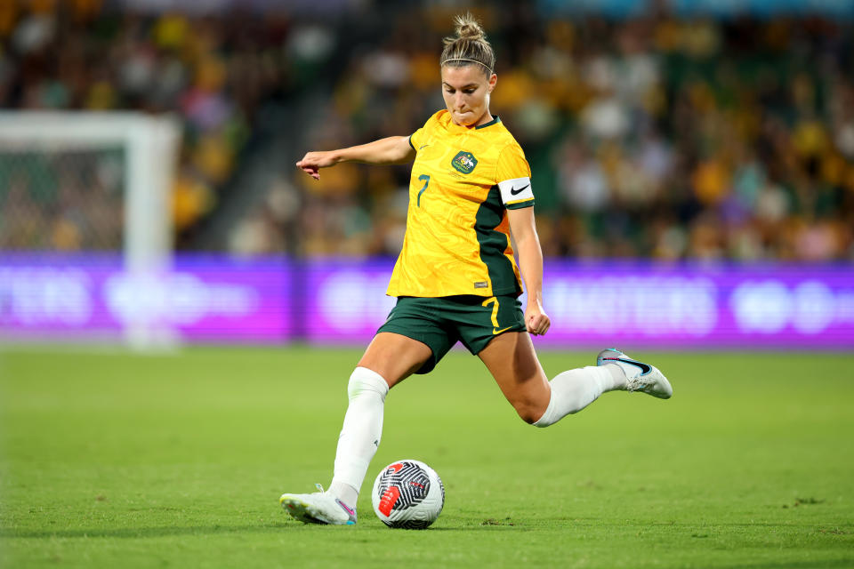 PERTH, AUSTRALIA - NOVEMBER 01: Steph Catley of the Matildas takes a free kick during the AFC Women's Asian Olympic Qualifier match between Australia Matildas and Chinese Taipei at HBF Park on November 01, 2023 in Perth, Australia. (Photo by James Worsfold/Getty Images)
