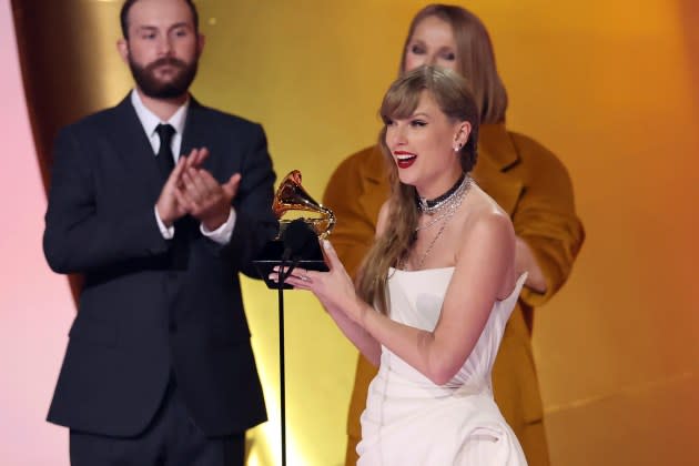 Taylor Swift accepts the Album of the Year award for 'Midnights' during the 66th GRAMMY Awards on February 04, 2024 in Los Angeles, California.  - Credit: Amy Sussman/Getty Images