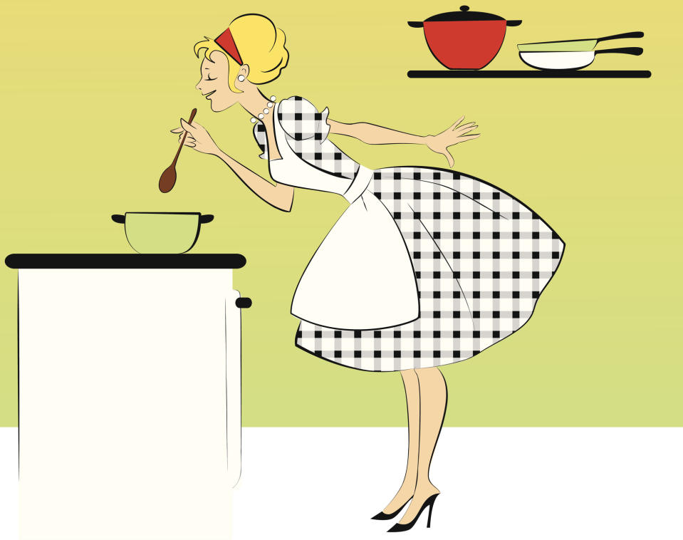 Illustration of Cinderella tasting soup in a kitchen with a pot on the stove. She's wearing an apron over a checkered dress