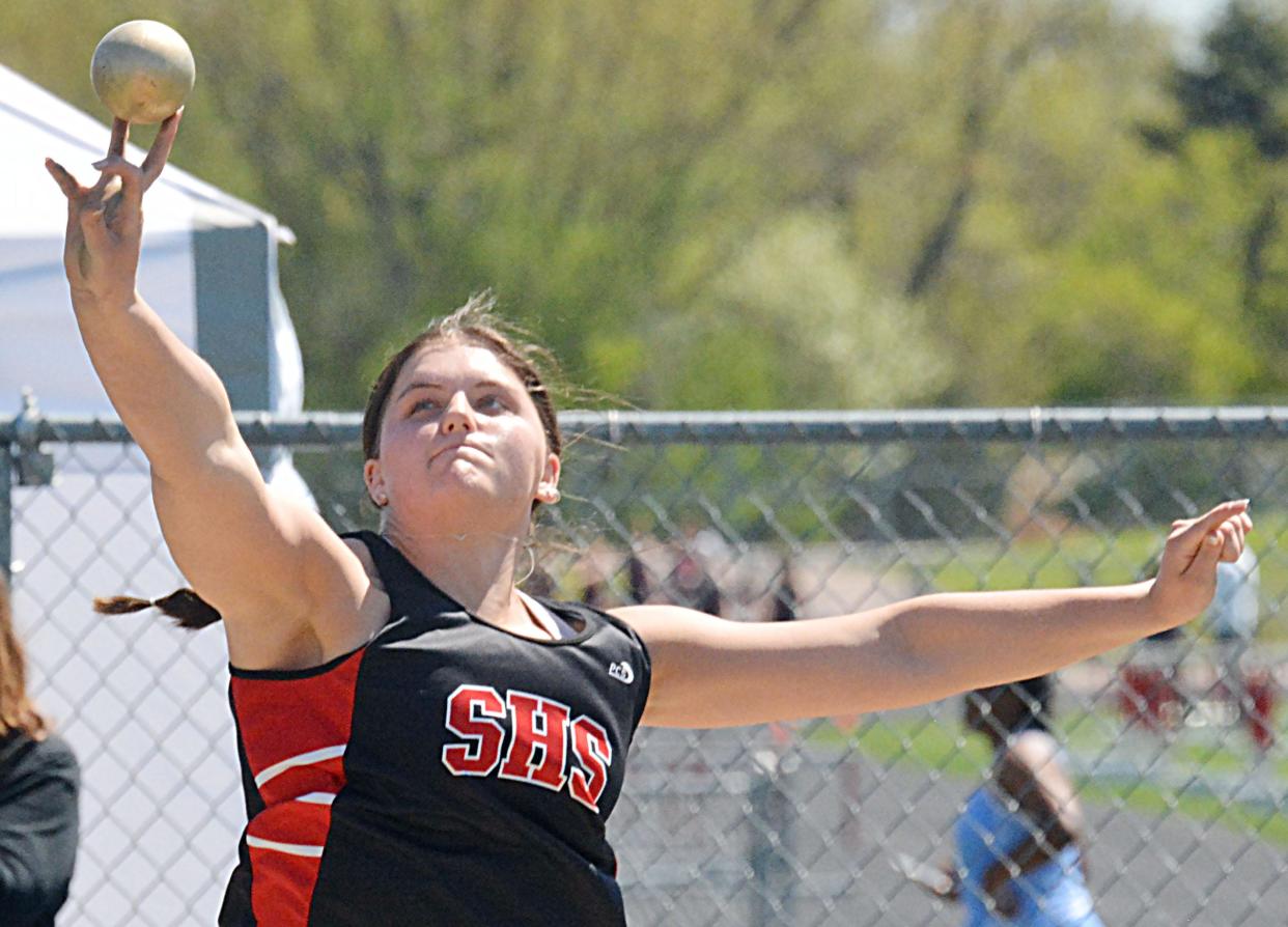 Chloe Langager of Sisseton won the girls' shot put and discus during the Northeast Conference track and field meet on Thursday, May 9, 2024 at Sisseton.