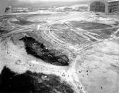 <p>An aerial view taken on May 7, 1937 of the remnants of the airship Hindenburg after exploding in Lakehurst, New Jersey on May 6, 1937. (AP) </p>