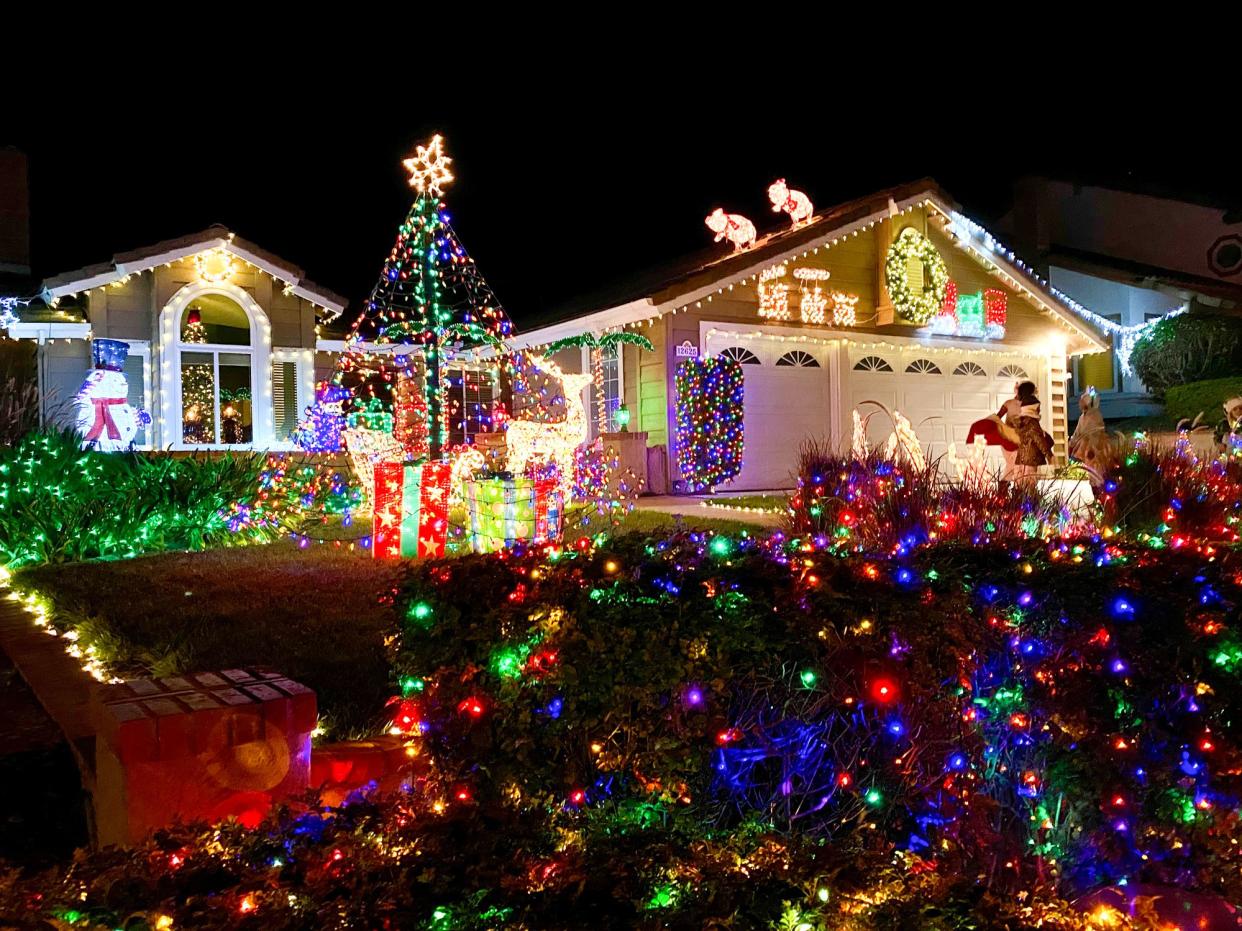 House decorated and lighted for Christmas