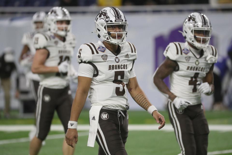 Western Michigan quarterback Kaleb Eleby warms up before the Quick Lane Bowl against Nevada on Monday, Dec. 27, 2021, at Ford Field.