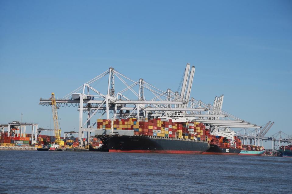 Cargo is loaded on and off vessels at the Georgia Ports Authority Garden City Terminal.