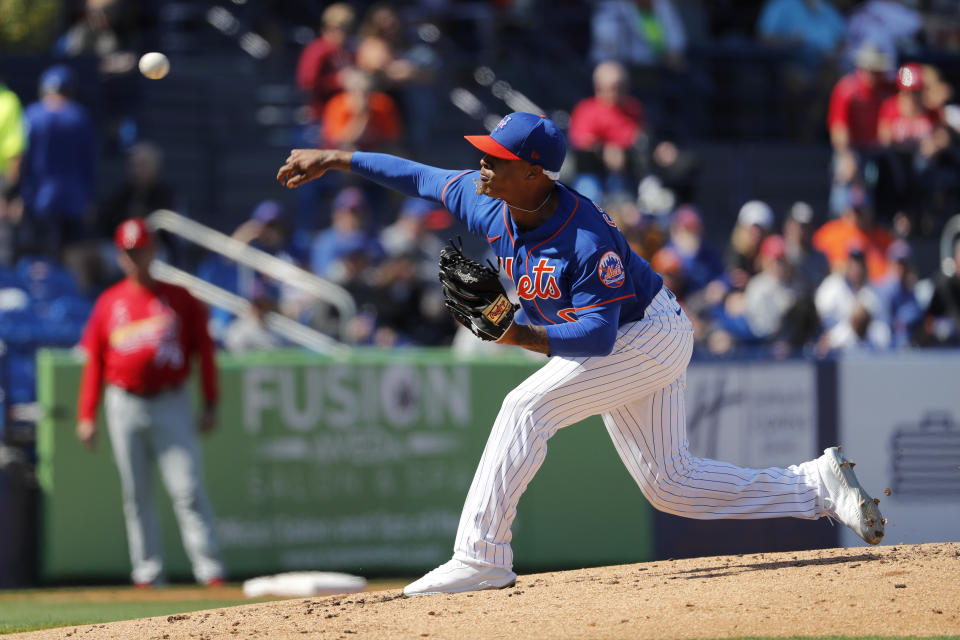 New York Mets pitcher Marcus Stroman throws during the second inning of a spring training baseball game against the St. Louis Cardinals Friday, Feb. 28, 2020, in Port St. Lucie, Fla. (AP Photo/Jeff Roberson)