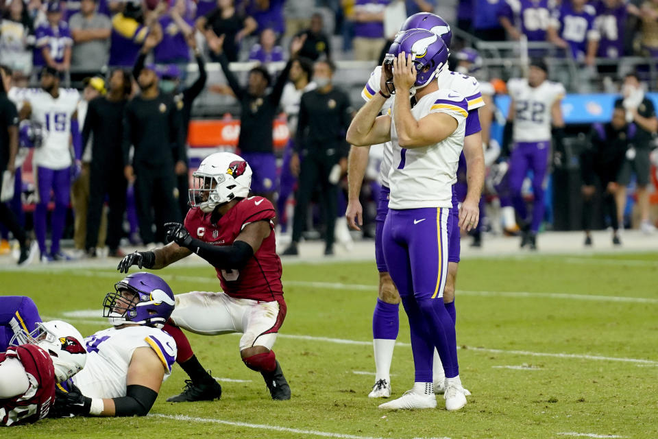 Minnesota Vikings kicker Greg Joseph (1) reacts to missing a game-winning field goal attempt against the Arizona Cardinals during the second half of an NFL football game, Sunday, Sept. 19, 2021, in Glendale, Ariz. The Cardinals won 34-33. (AP Photo/Ross D. Franklin)