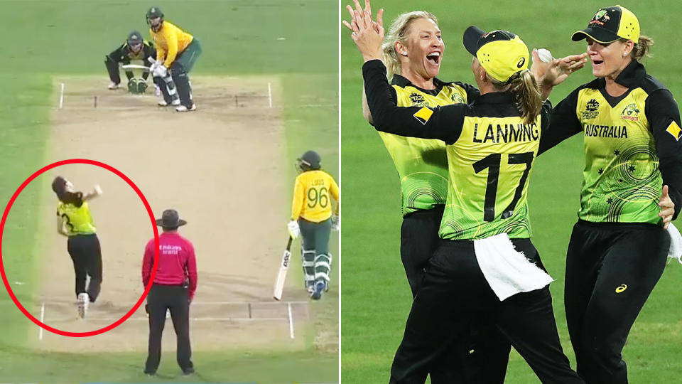 Megan Schutt, pictured here bowling Australia to victory over South Africa.