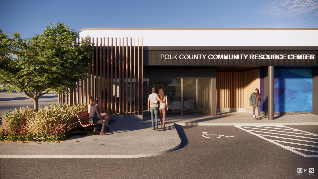 Renderings provide a glimpse of the Polk County Life Service Center, a resource hub for people seeking treatment for alcoholism and mental health services, slated to open in late 2024 at 1914 Carpenter Ave. in Des Moines.