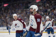 Colorado Avalanche's Nazem Kadri (91) celebrates after scoring during the third period in Game 4 of an NHL hockey Stanley Cup second-round playoff series against the St. Louis Blues Monday, May 23, 2022, in St. Louis. (AP Photo/Jeff Roberson)