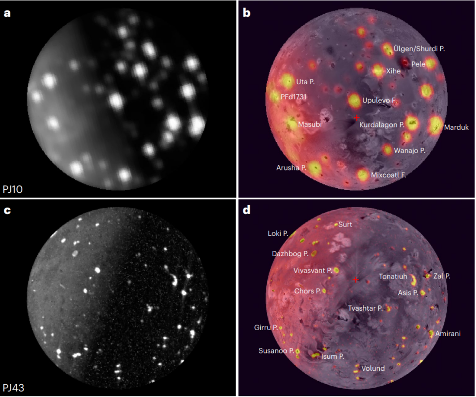 four views of a grey moon dotted with red dots indicating volcanoes