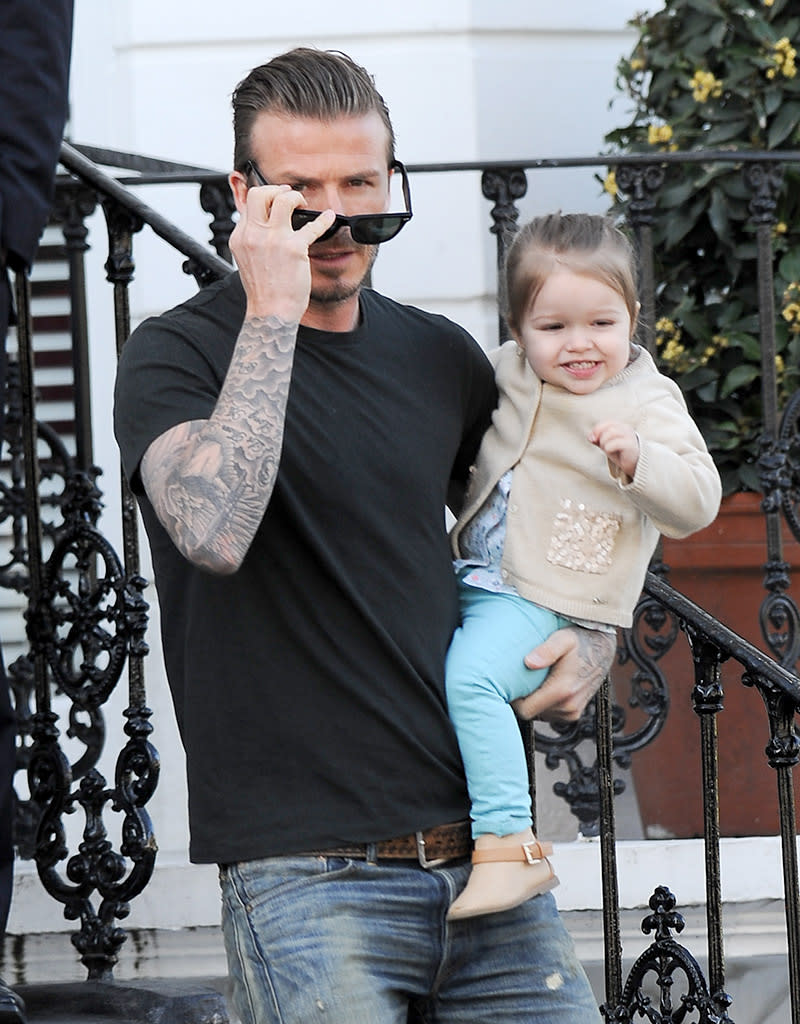 David and Harper Beckham are seen out in Kensington, UK