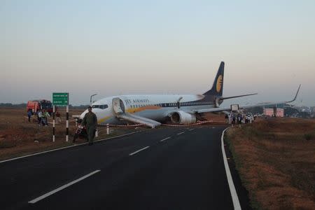 A Jet Airways aircraft is seen after it skidded off the runway before takeoff at an airport in Goa, December 27, 2016. Indian Navy/Indian Ministry of Defence/Handout via REUTERS