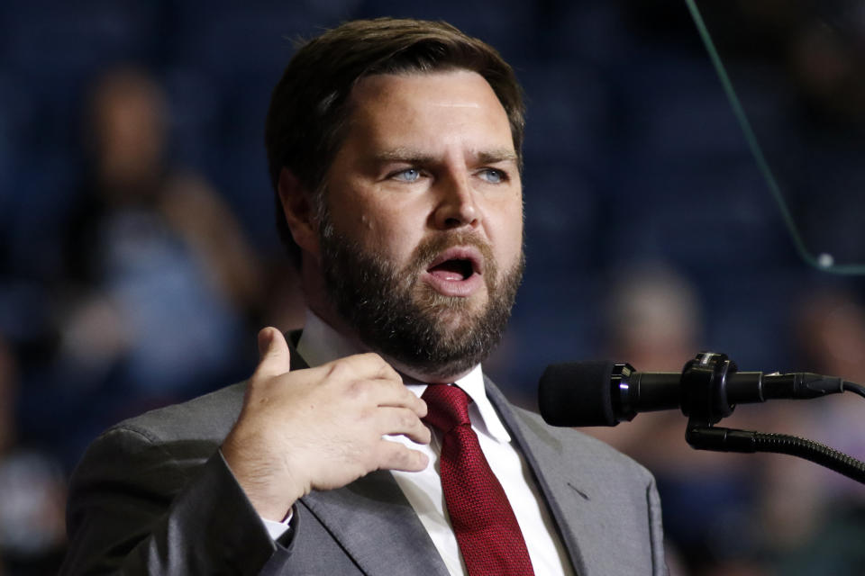 FILE - JD Vance, Republican candidate for U.S. Senate in Ohio, speaks at a campaign rally in Youngstown, Ohio, Sept. 17, 2022. A high-tech sustainable food company in Appalachia that was promoted by JD Vance and financed with help from his venture capital firm is facing five lawsuits alleging it misled investors. None of the lawsuits against Kentucky-based AppHarvest names Vance, who is Ohio's Republican U.S. Senate nominee and left the company's board last year. (AP Photo/Tom E. Puskar, File)