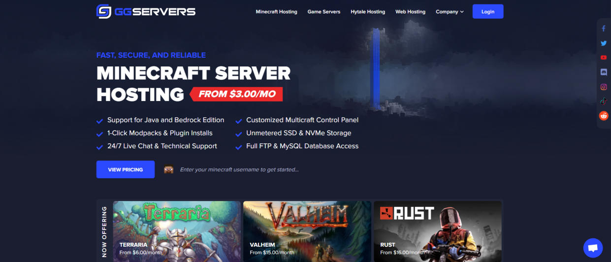  A screenshot of GG Servers Minecraft server hosting website homepage  