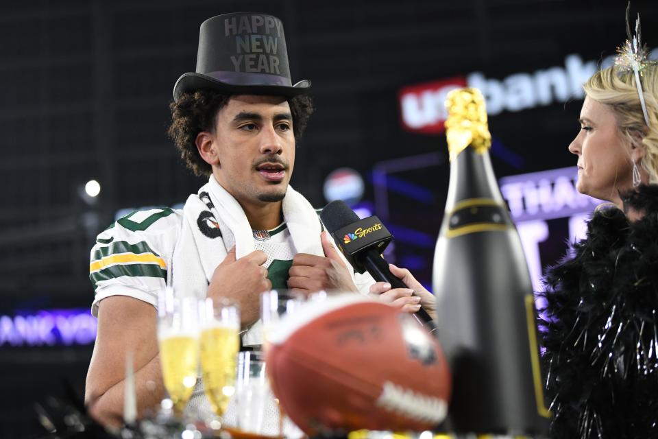Jordan Love is interviewed after the Green Bay Packers New Year's Eve victory over Minnesota.
